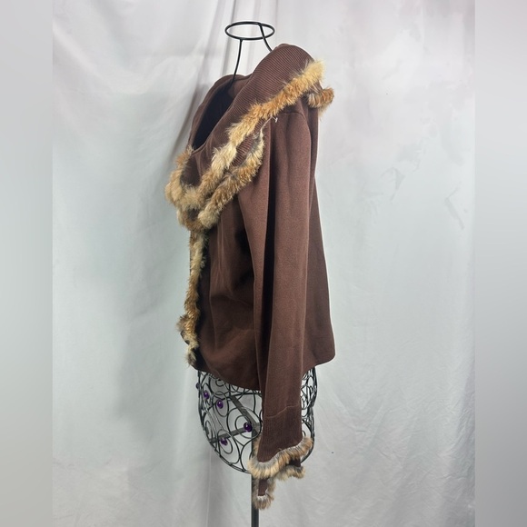 CABO chocolate brown ribbed cardigan with faux fur lining size L - Picture 9 of 9
